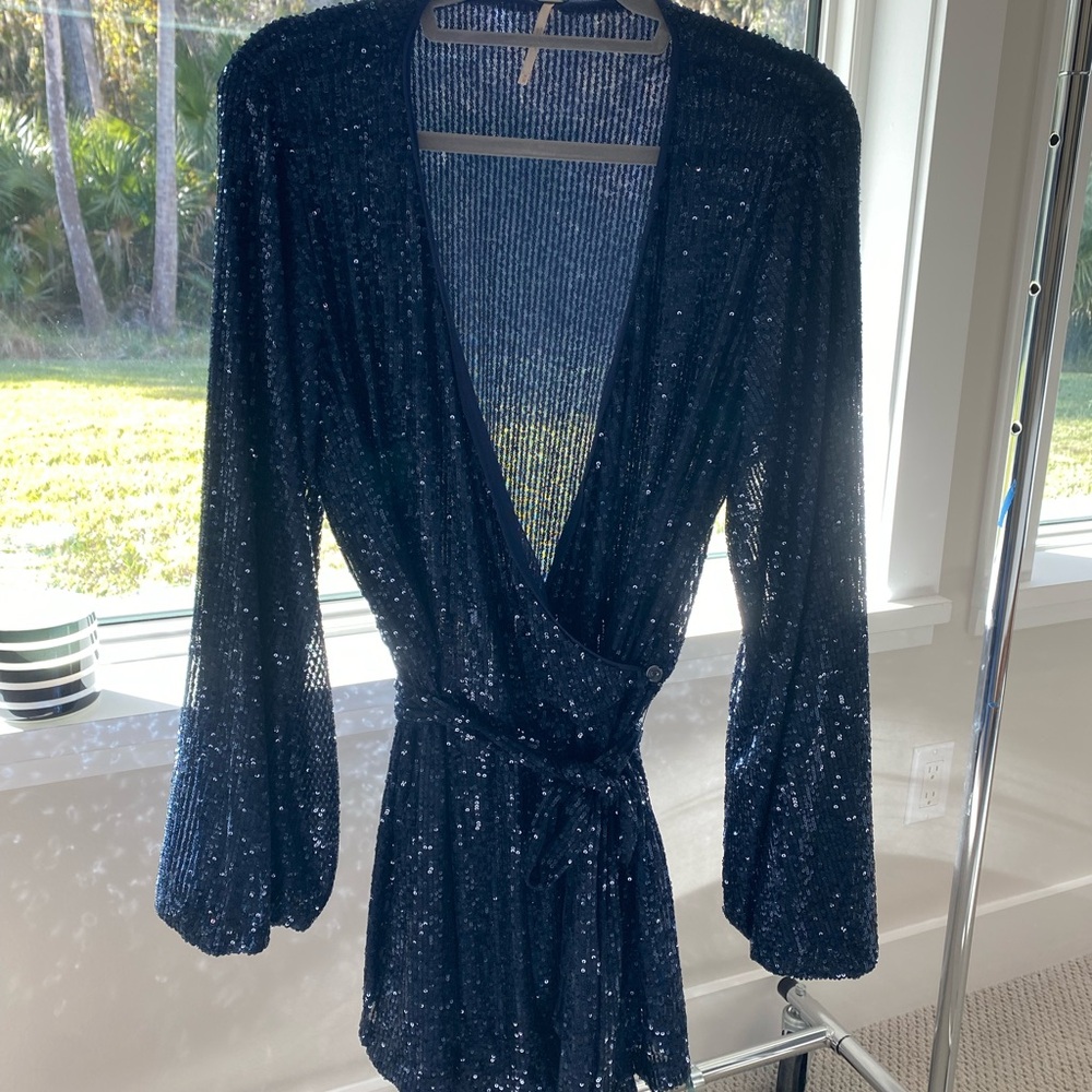 Navy Sequin Romper with Long Sleeves - Picture 4 of 7